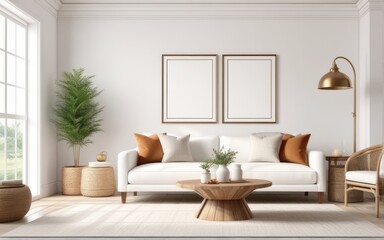 Frame mockup in bright living room design, white sofa in farmhouse boho interior style, 3d render