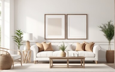 Frame mockup in bright living room design, white sofa in farmhouse boho interior style, 3d render