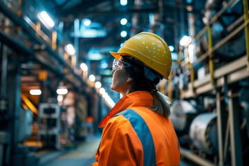 Engineer or factory worker wearing safety helmet and safety glasses working in industrial factory