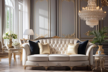 luxury living room with classic white sofa and sofa, interior design