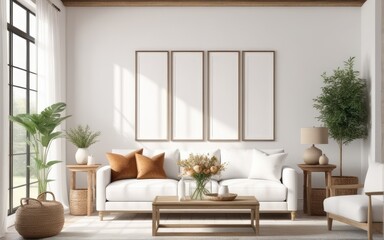 Frame mockup in bright living room design, white sofa in farmhouse boho interior style, 3d render
