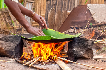 Ethiopia, in a Dorze village preparation and cooking of traditional false banana flatbread.	
