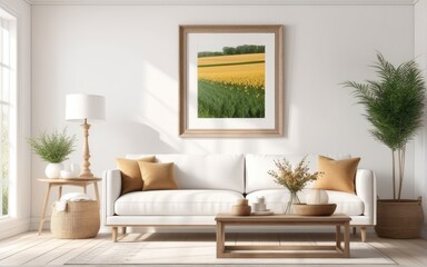 Frame mockup in bright living room design, white sofa in farmhouse boho interior style, 3d render