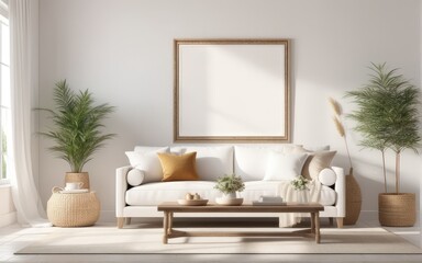 Frame mockup in bright living room design, white sofa in farmhouse boho interior style, 3d render