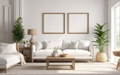 Frame mockup in bright living room design, white sofa in farmhouse boho interior style, 3d render