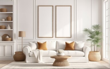 Frame mockup in bright living room design, white sofa in farmhouse boho interior style, 3d render