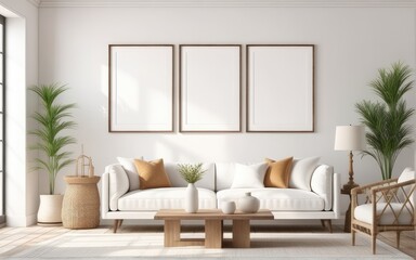 Frame mockup in bright living room design, white sofa in farmhouse boho interior style, 3d render