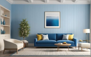Interior of living room with blue sofa 3d rendering