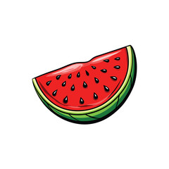 A cartoon illustration of a sliced watermelon, showing the red flesh and black seeds.