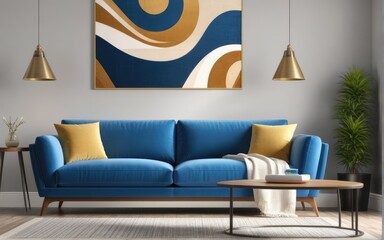 Interior of living room with blue sofa 3d rendering