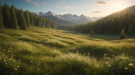 Obraz premium Realism image, beautiful green meadow and forest on hills