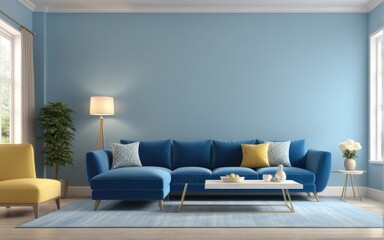 Interior of living room with blue sofa 3d rendering