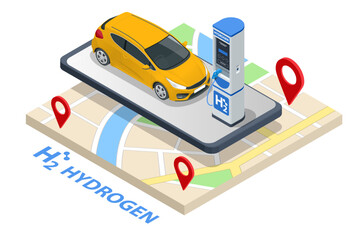 Isometric Hydrogen fuel car charging station with two dispensers for H2 vehicles. Hydrogen powered transportation. Green energy