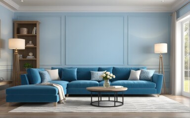 Interior of living room with blue sofa 3d rendering