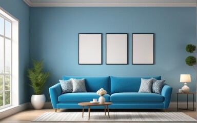 Fototapeta premium Interior of living room with blue sofa 3d rendering