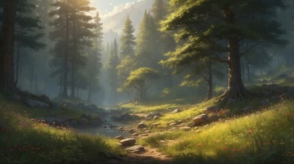 Obraz premium Illustration of how from a fairy tale entrance to a green forest