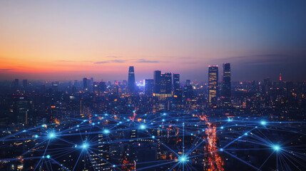 Fototapeta premium Smart digital Innovation city with connection network reciprocity over the cityscape. of future smart wireless digital city and social media networking systems that connects people with in city