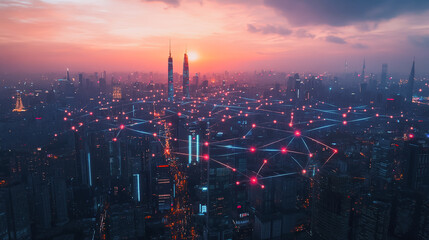 Fototapeta premium Smart digital Innovation city with connection network reciprocity over the cityscape. of future smart wireless digital city and social media networking systems that connects people with in city