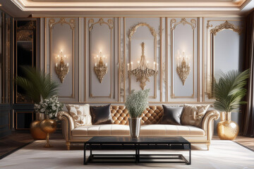 Fototapeta premium luxury living room with a classic white sofa and sofa, interior design 