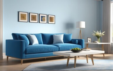 Interior of living room with blue sofa 3d rendering