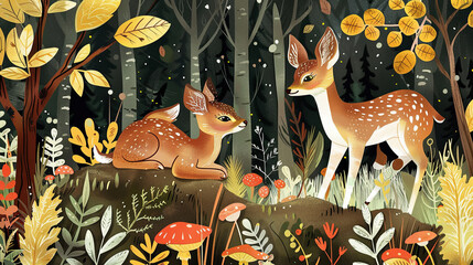 A whimsical illustration of two deer in a vibrant forest setting, surrounded by colorful foliage and mushrooms. 