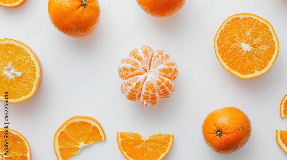 Poster peeled mandarin is standing out from a pattern of oranges and orange slices on a white background