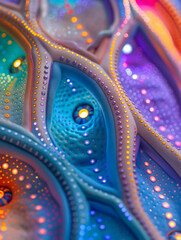 Obraz premium Abstract Bio Mechanical 3D Surface, Digital Art, Vibrant Neon Colours. Trendy Modern Design, Complex Geometric Shapes, Realistic Textures. Futuristic Technology, Sustainable Engineering, Innovation