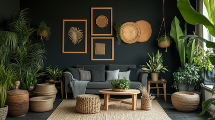 Modern living room with dark walls, woven decor, and grey sofa. Bohemian interior design featuring an abundance of greenery and natural textures.