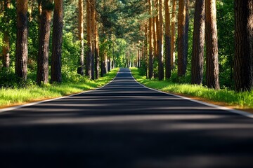 Naklejka premium A serene view of a winding road surrounded by tall trees, inviting exploration and a sense of adventure in nature.