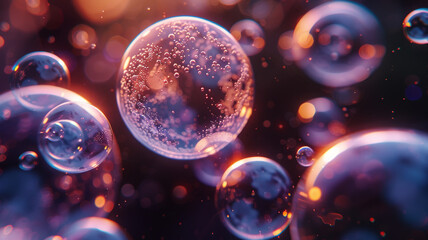 Colorful soap bubbles floating on a dark background close-up	