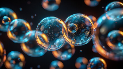 Naklejka premium Colorful soap bubbles floating on a dark background close-up 