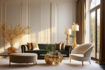 luxury living room with a classic white sofa and sofa, interior design
