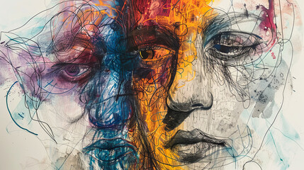 An abstract portrait that blends vibrant and dark tones using mixed media. 