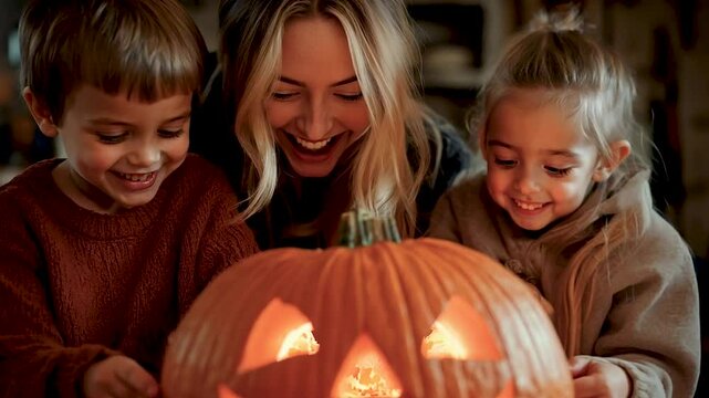 4K video of a mom and her two children carving a jank o lantern pumpkin for halloween