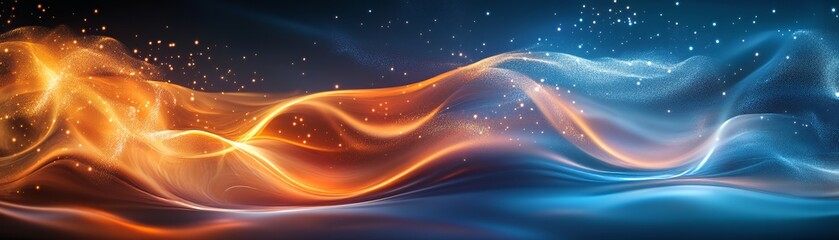 Obraz premium Abstract waves of orange and blue light flowing gracefully across a dark background.