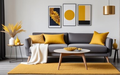 Stylish interior of living room at fancy home with design sofa, yellow side table, dried flowers, pillow, carpet decor and personal accessories in modern home decor. Template. Copy space