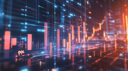Fototapeta premium Abstract business team stands on the peak of success amid tall, innovative Smart city and graphs with statistics to analyze business potential and predict future developments in company growth.