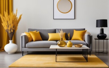 Fototapeta premium Stylish interior of living room at fancy home with design sofa, yellow side table, dried flowers, pillow, carpet decor and personal accessories in modern home decor. Template. Copy space