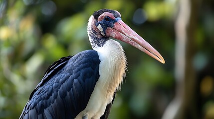 A close-up portrait of a black-necked stork with its long, pink beak, white plumage, and a blue eye.