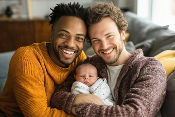 Obraz premium Two fathers are smiling while holding their newborn baby and enjoying their time together at home