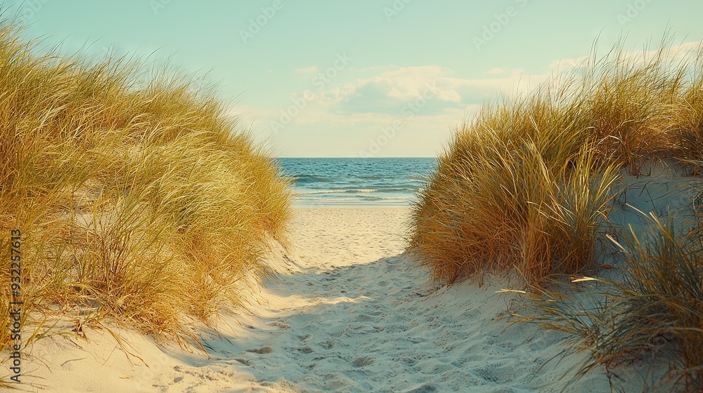 Sticker a sandy road to the shore with high grasses on both sides and a distant body of water