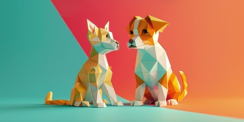 Low poly 3D depiction of a cheerful origami canine and feline