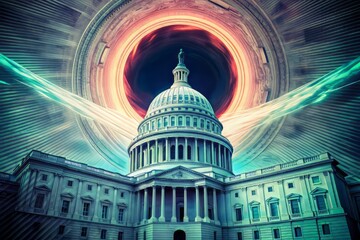 A vortex of red tape swallows the majority of tax dollars, leaving none for vital public services, amid a digital wasteland of discarded forms and endless paperwork.