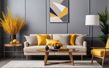 Stylish interior of living room at fancy home with design sofa, yellow side table, dried flowers, pillow, carpet decor and personal accessories in modern home decor. Template. Copy space