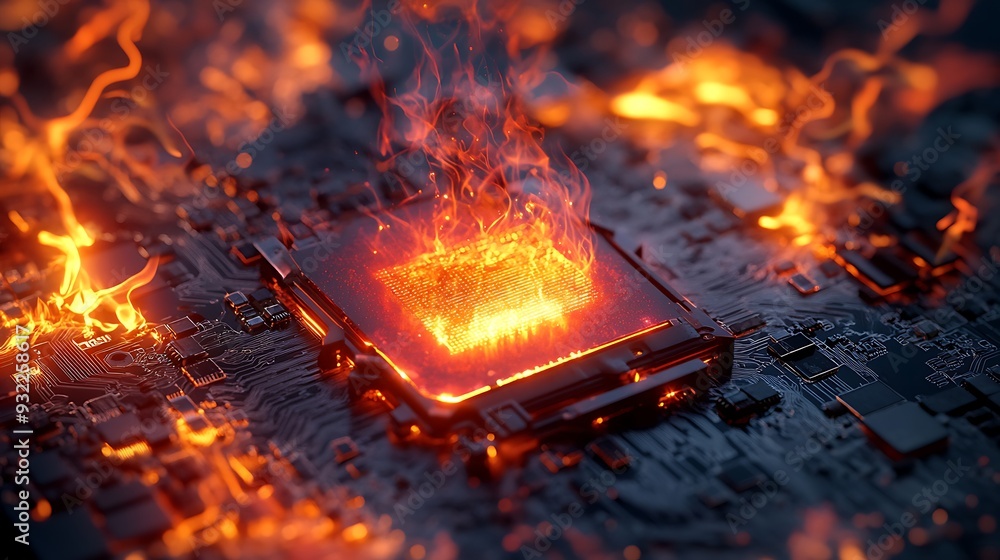 Poster a computer processor is on fire, symbolizing overheating and failure.