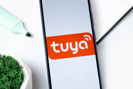 New York, USA - 1 August 2024: tuya Logo on Phone Screen, Icon on Display