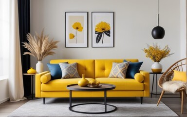 Stylish interior of living room at fancy home with design sofa, yellow side table, dried flowers, pillow, carpet decor and personal accessories in modern home decor. Template. Copy space