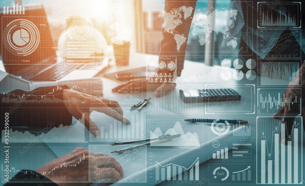 Poster big data technology for business finance analytic concept. modern interface shows massive informatio