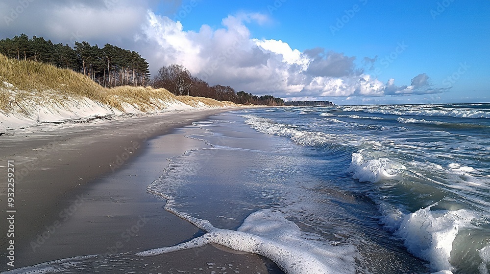 Wall mural a view of a beach with waves crashing into the sand and trees in the distance