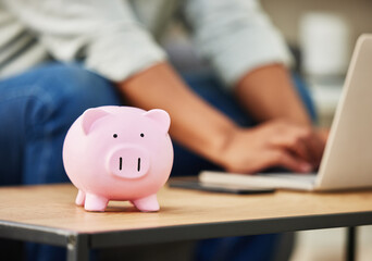 Piggy bank, person and laptop for saving in home, investment and banking website for finance plan....